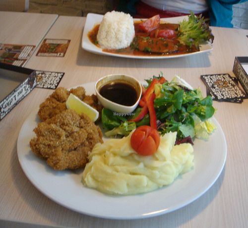 Schnitzel (front) and sea slices (back) at Loving Hut - Na Porici in Prague