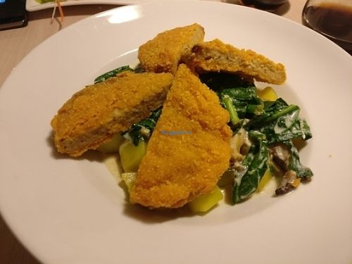 Schnitzels in creamy mushroom sauce with potatoes at Loving Hut - Na Porici in Prague