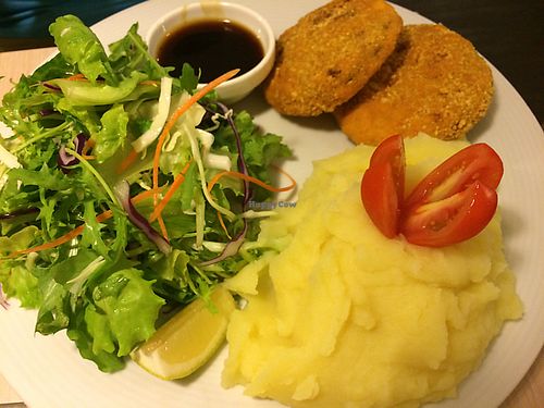 schnitzel and mashed potatoes at Loving Hut - Na Porici in Prague