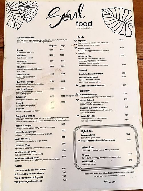 Menu at Soul Food in Kandy