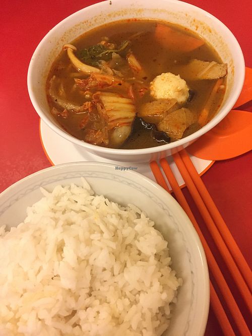 Tomyam soup with white rice, super yummy! at Zhen Xiang Zhai in Kuching
