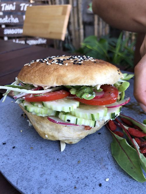 Fresh, creamy vegan bagel at Galapagos in Koh Lanta