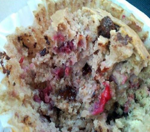 Chocolate Raspberry Muffin: Fresh Vegan Batter mixed with Raspberries and Grain Sweetened Chocolate by kris from veganscraps at Chef Brooke's Natural Cafe in Fort Myers