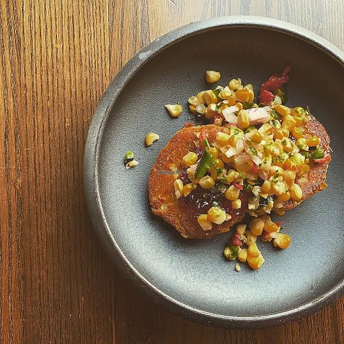 Sweet Corn Cakes at Harvest 18 in Durham