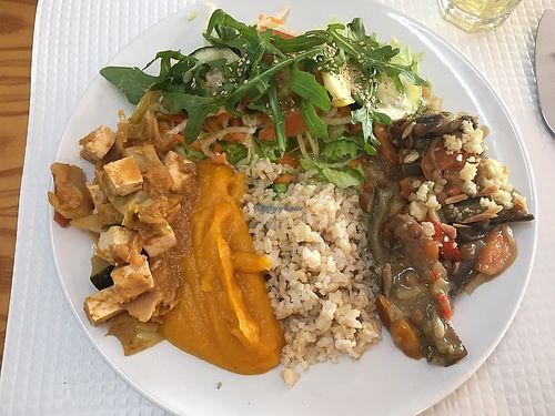 Plate with a mix of two dishes  at Granos Espaço Vegetariano in Lisbon