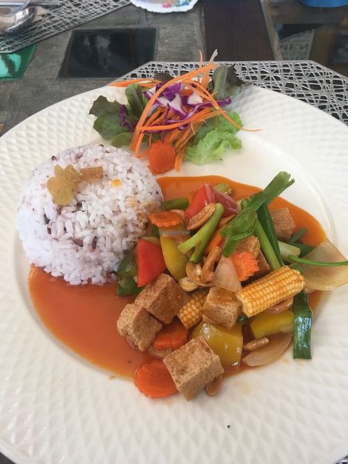 Fried Tofu and mixed veggies  at 77 House's Wine Coffee & Foods in Mae Hong Son