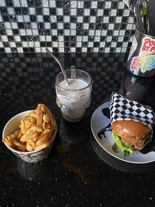 La Lulu Chick'n Sandwich Combo w/Vanilla Shake (VEGAN)  at Malibu's Burgers in Oakland