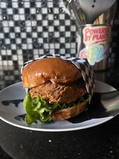 Close-Up of La Lulu Vegan Chick'n Sandwich (no onions)  at Malibu's Burgers in Oakland