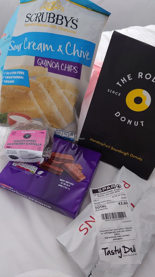 Some vegan treats, among them one Ferrero Donut and the waggon wheel at The Rolling Donut - O'Connell St Kiosk in Dublin