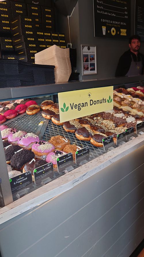 View of the vegan donuts at The Rolling Donut - O'Connell St Kiosk in Dublin