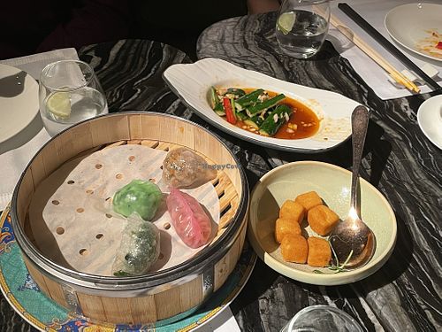 Half eaten dishes! Evening dim sum platter, cucumber appetiser, salt and pepper crispy tofu  at Madame Fu in Hong Kong Island