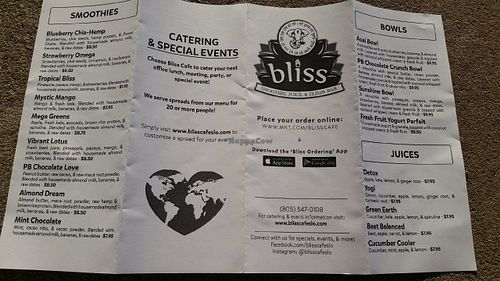 Menu Side B at Bliss Cafe in San Luis Obispo