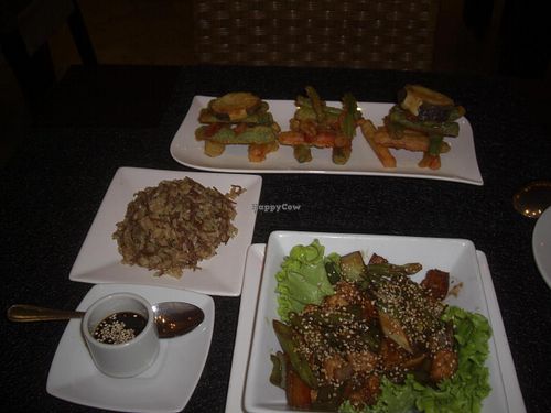 Veggie tempura and veggie tofu with rice at Anacardos in Cartagena