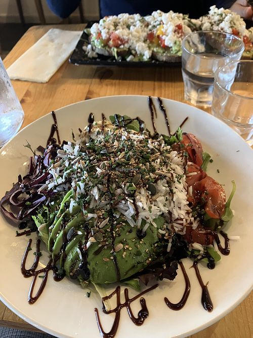 Buddha bowl in foreground. Feta bread in background.  at The Architect in Le Havre
