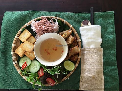 Hà Nội speciality: deep fried tofu, spring rolls, local herbs, brown rice noodles  at Xoai Macrobiotic Living in Hoi An