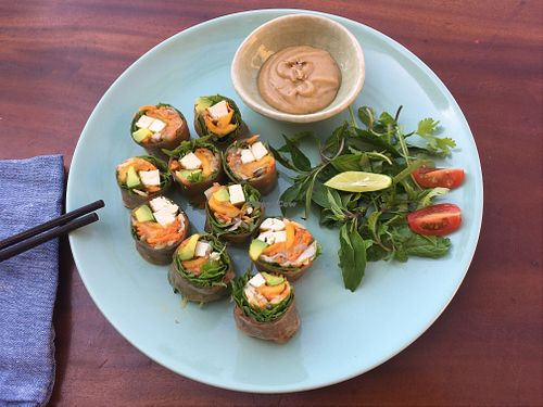 Xoai fresh rolls, with a peanut dipping sauce at Xoai Macrobiotic Living in Hoi An