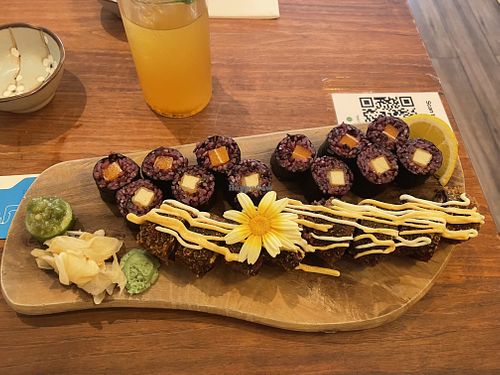  Crunchy California Dream,  Glazed tofu roll, and Salmon roll. at Vegan Sushi Bar - Kinkerstraat in Amsterdam