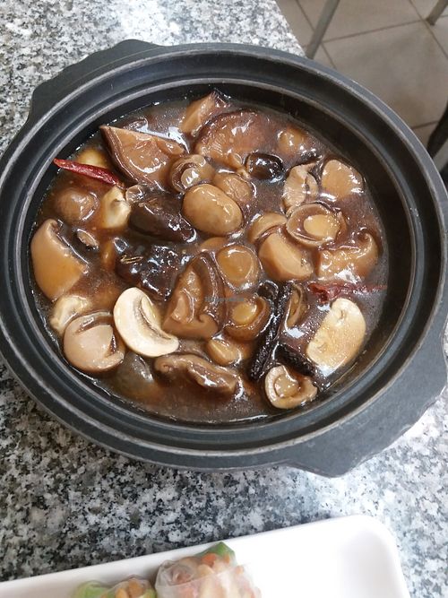crock pot of mushrooms at Loving Hut in Bankstown