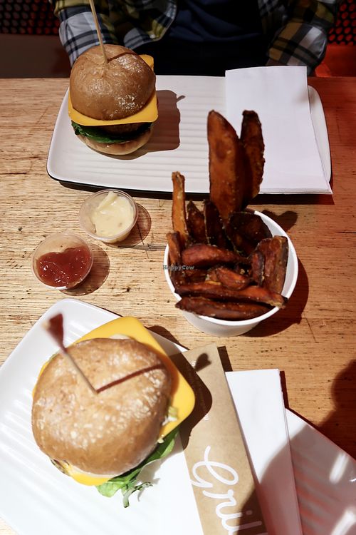 Vegan beyond burger + vegan garden goodness + sweet potato fries  at Grill'd in Surfers Paradise
