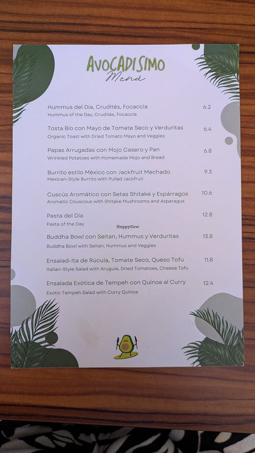Menu at Avocadisimo in Gran Canaria