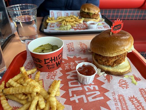 Vegan chicken sandwich, check out how many pickles I got!! Jackpot:)  at Chicken and the Wolf in Tulsa