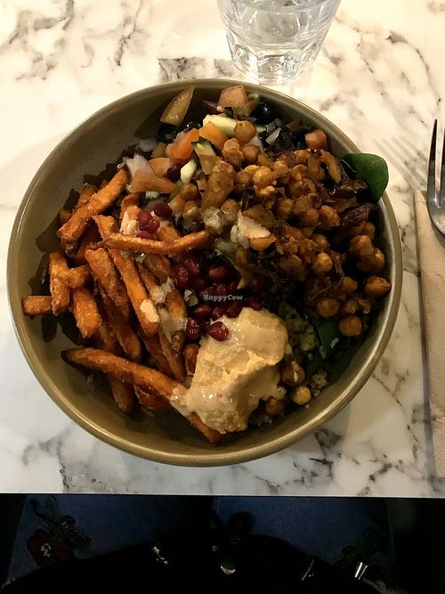 Mezze Buddha bowl with curried chickpea instead of falafel  at Canopy in Coventry