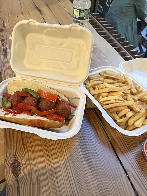 Meatball sandwich and fries   at Plant Junkie W52 in New York City