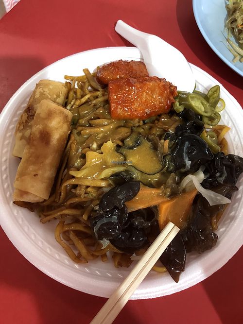 Noodles with 3 dishes $3.40 at Travelers Palm Vegetarian in Central Singapore