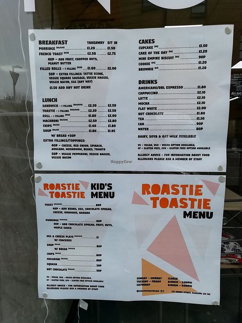 Menu at Roastie Toastie Cafe in Glasgow