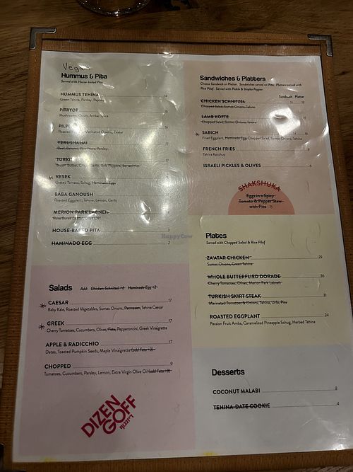 Menu with vegan options indicated  at Dizengoff in Philadelphia