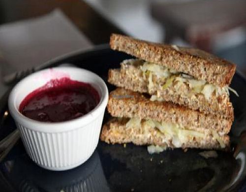 vegan reuben: tempeh, sauerkraut and daiya. served with a side of raw vegan borscht. at Elderberries Cafe in Los Angeles