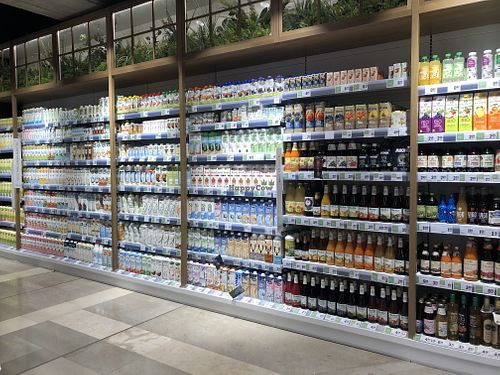 mylk and kombucha section at Maximarket Mercator in Ljubljana