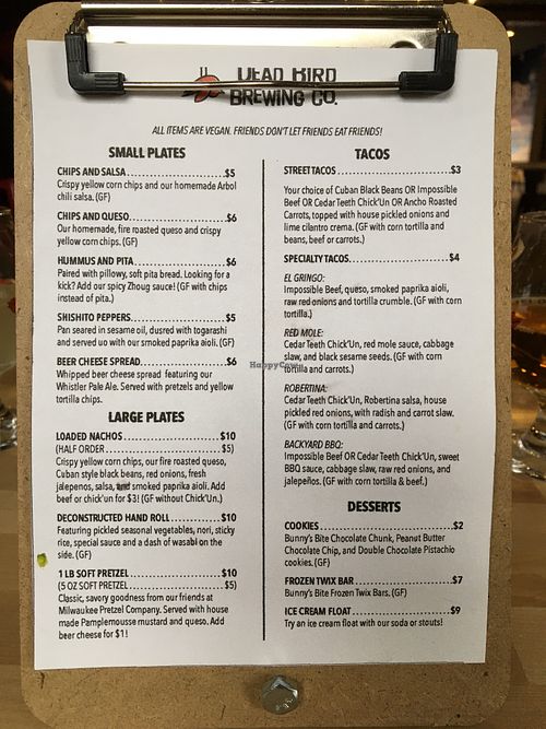 Menu at Dead Bird Brewing in Milwaukee