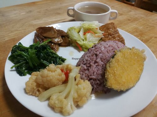 Set meal with mock fish, rice, tofu, veggies, and soup. at A-Hong in Shoufeng