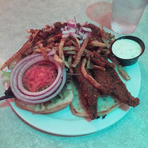 Vegan fried portobello sandwich, vegan garbage fries, and vegan ranch.  at Mid City Grill in Johnson City