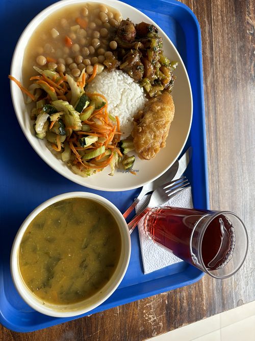 Lunch with soup and drink. I couldn’t finish it, so much food!  at Formosa Taiwan Restaurante Vegetariano in Cuenca