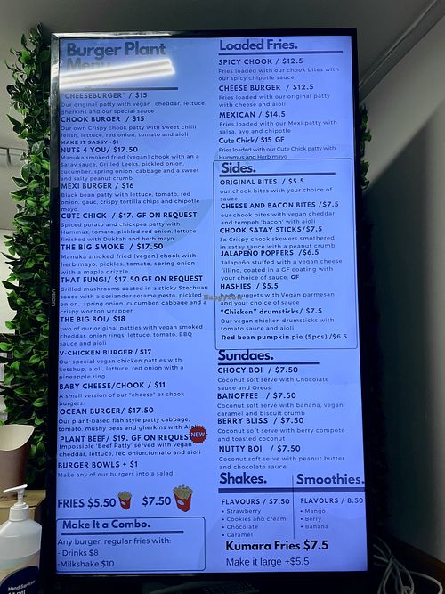 Burger and fast food menu  at Burger Plant in Dunedin