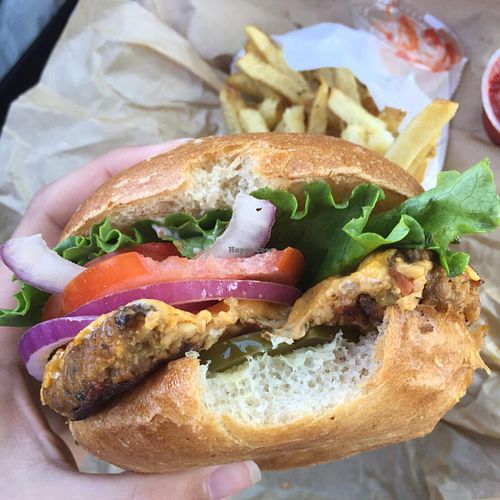 tempeh 'cheese' burgerwith hot fries and homemade ketchup  at Evolution Fast Food in San Diego