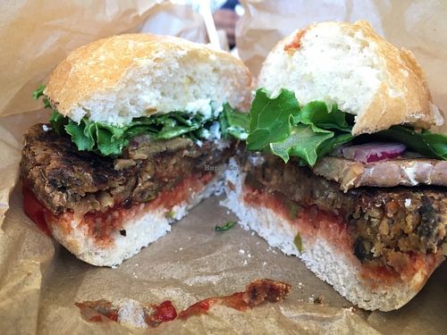 Tempeh Burger with Bacon at Evolution Fast Food in San Diego