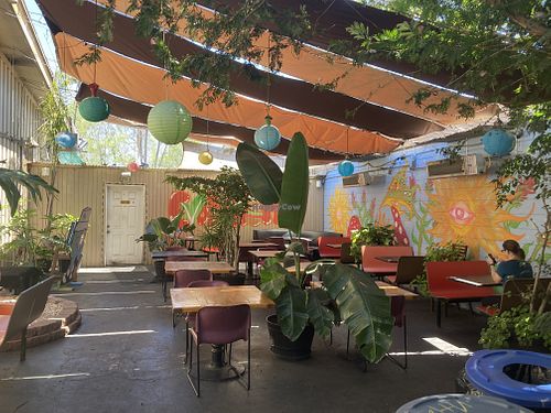 Outdoor seating  at Evolution Fast Food in San Diego