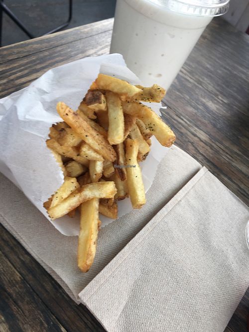 Fries and vanilla shake  at Evolution Fast Food in San Diego