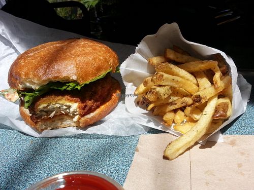 Chick'n burger n fries! at Evolution Fast Food in San Diego