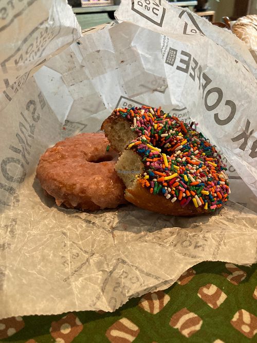 Vegan pink lemonade + Belgian chocolate. Delish    at Union Square Donuts in Brookline