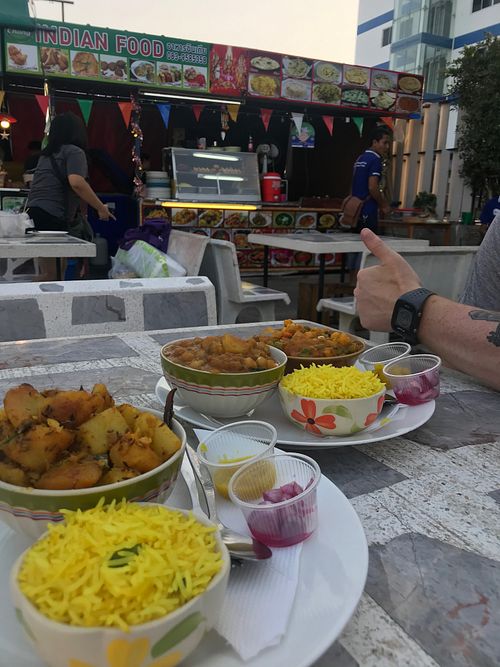 Jeera aloo, saag chana and mixed vegetables. Plus 2x yellow rice at Indian Food - Food Stall in Hua Hin
