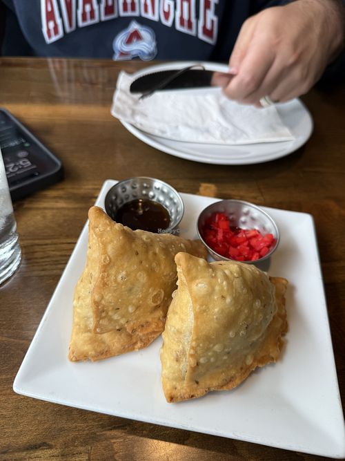 Veggie samosas with chutney  at Royal Indian in Bar Harbor