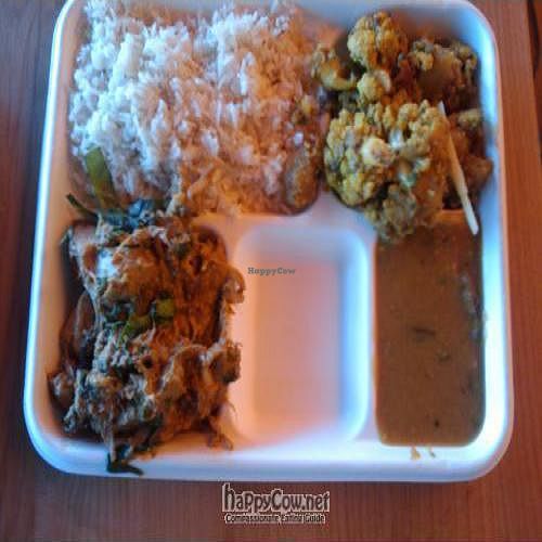 Two item combo: Jackfruit, Aloo Gobi, dal, and rice. at Samosa House East in Culver City