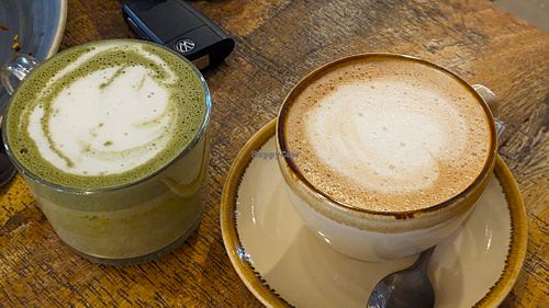 Oat flat white, oat matcha latte at Planks Kitchen in Preston