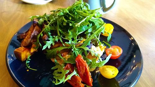 Houmous, roast vegetable & rocket bagel at Planks Kitchen in Preston