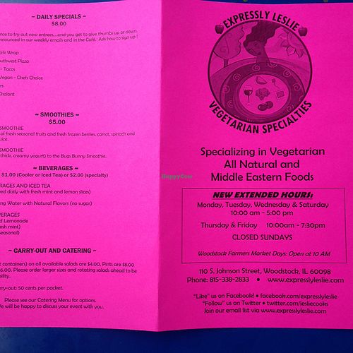 6-11-16 menu picture at Expressly Leslie Vegetarian Specialties in Woodstock