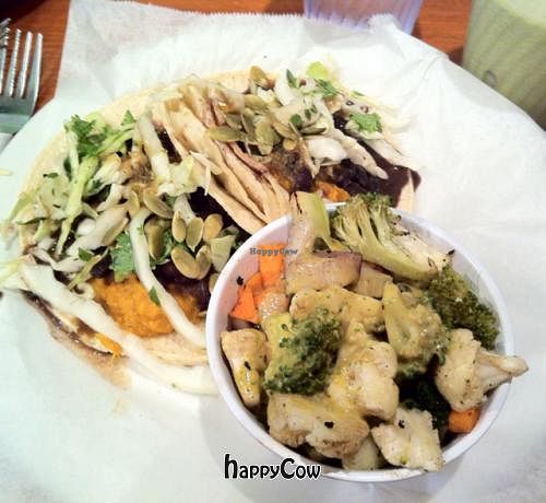 Black bean & sweet potato tacos, veg in peanut sauce, kale banana peanut butter smoothie at The Wild Cow in Nashville